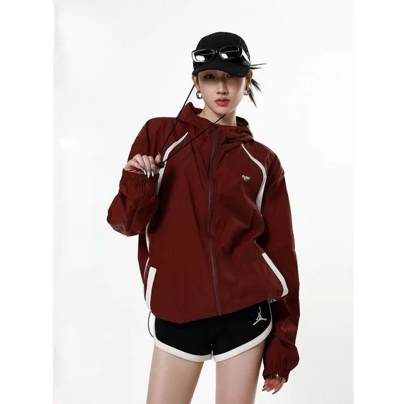 Deeptown Summer Red Jacket Women Vintage Oversized Hiphop Windbreakers Hooded Sunscreen Thin Jackets Japanese 2000s Style Y2k