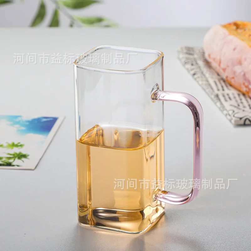 

Square Six-Color Handle Glass Water Cup Transparent Milk, Juice Beverage Green Tea Cup