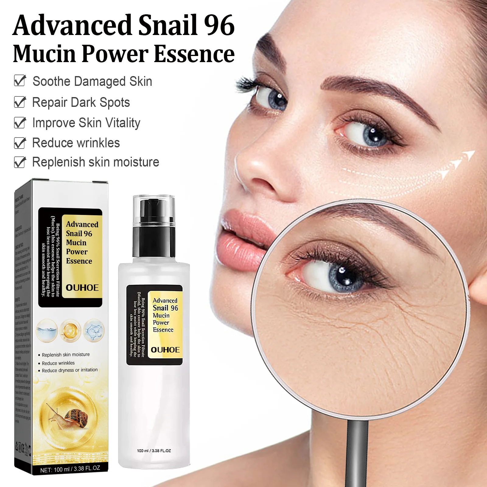 Snail Mucin 96% Power Repairing Essence Lift Firm Anti-aging Fade Fine Lines Acne Treatment Facial Sensitive Whitening Brighten