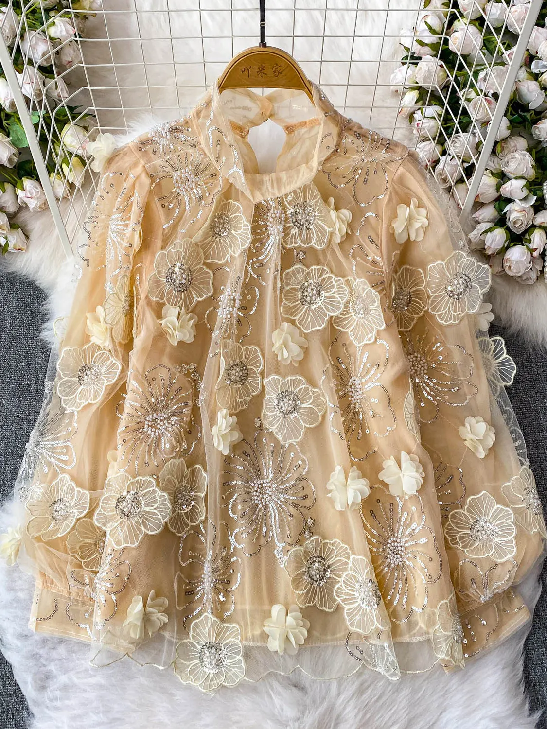 

Heavy Embellied Bead iny цветочная 3D вышивка воротник-стойка летняя тонкая вуаль антивозрастная утягивающая женская irt корейский Sle