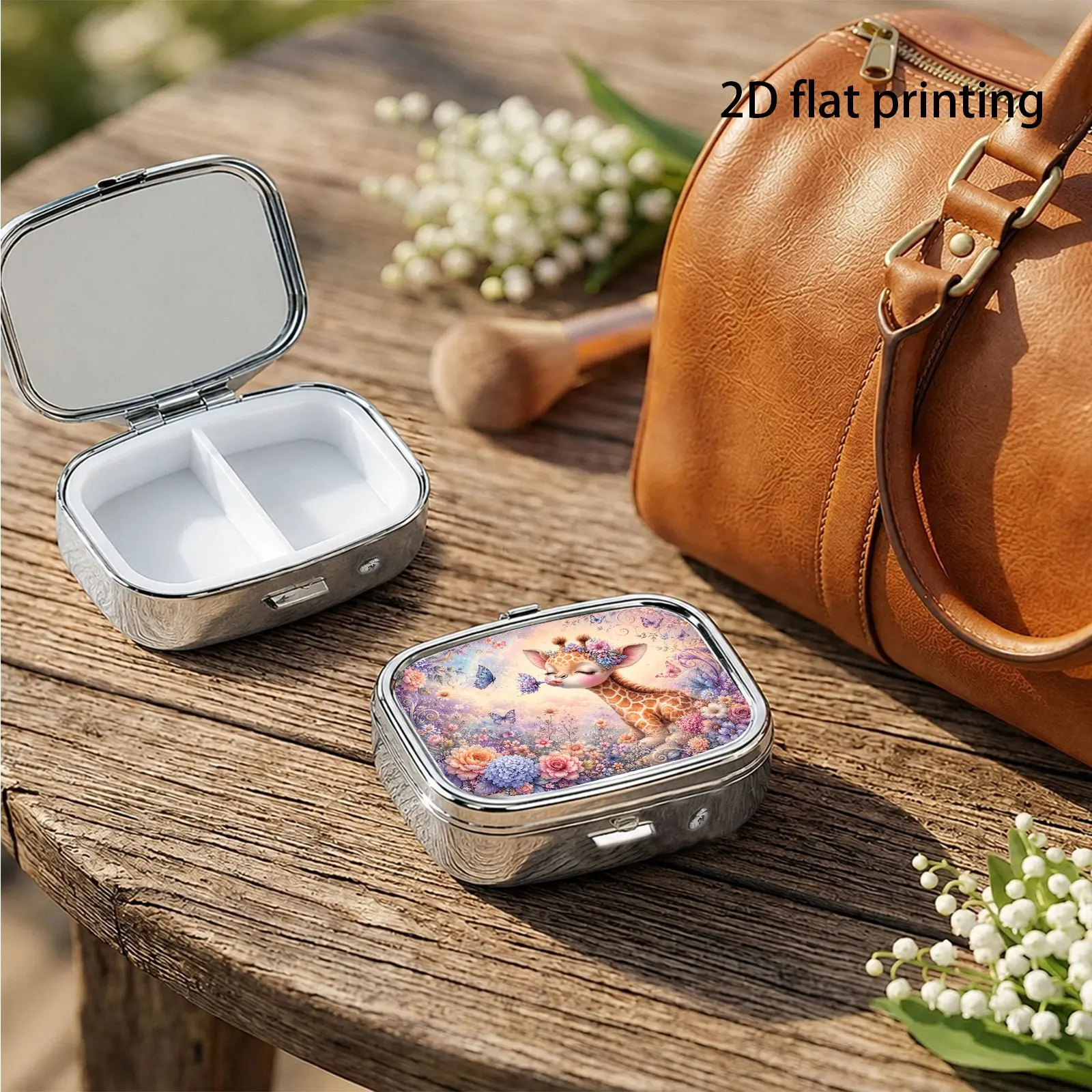 Dreamy Fairy Tale Pattern with Blooming Flowers, Butterflies, and Cute Deer, Small Square Pill Organizer with Two Compartments, Portable Medicine Storage, Can Also Be Used as a Portable Home Organizer, Decorative Box, Perfect for Handbags, Wallets, and Travel, Metal Storage Box, Small Jewelry Organizer, Ideal for Holiday Gifts, Souvenirs, Prizes, and Small Gifts