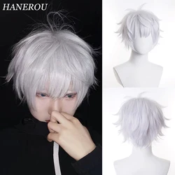 HANEROU Anime White Men Wig Short Synthetic Straight Hair Heat Resistant Wig for Cosplay Party Daily