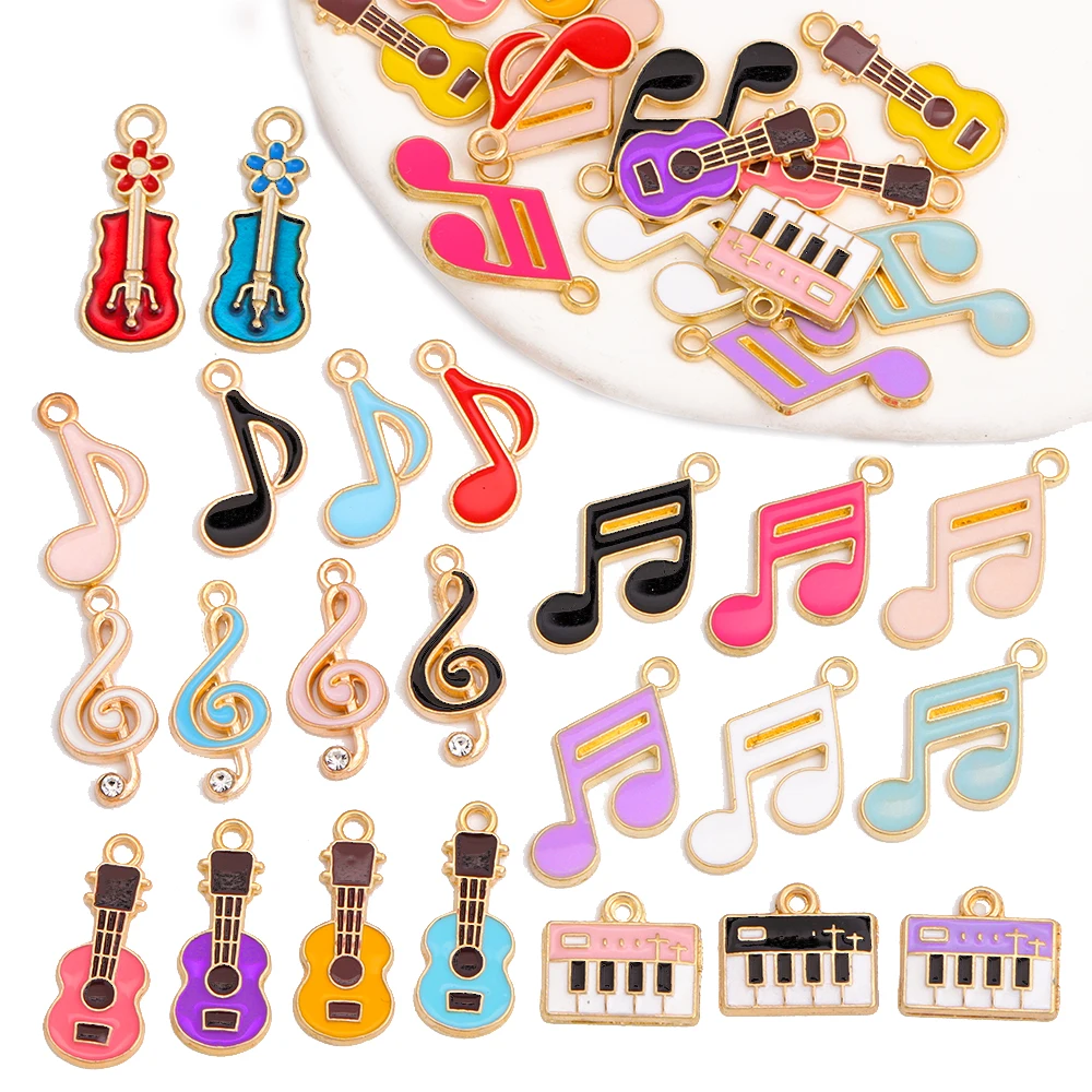 10 sztuk emalia nuta wisiorek fortepian gitara Charms dla kobiet bransoletka naszyjnik komponenty do wyrobu biżuterii kolczyk DIY Handmade
