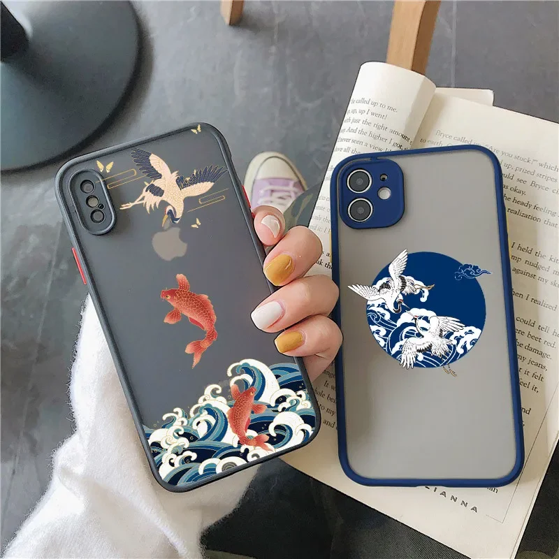 Carp Waves Crane Brocade Pattern Phone Case For iPhone 15 14 11 12 13 Pro MAX Mini XR XS X 8 6 7 Plus SE3 Clear Hard Case Back