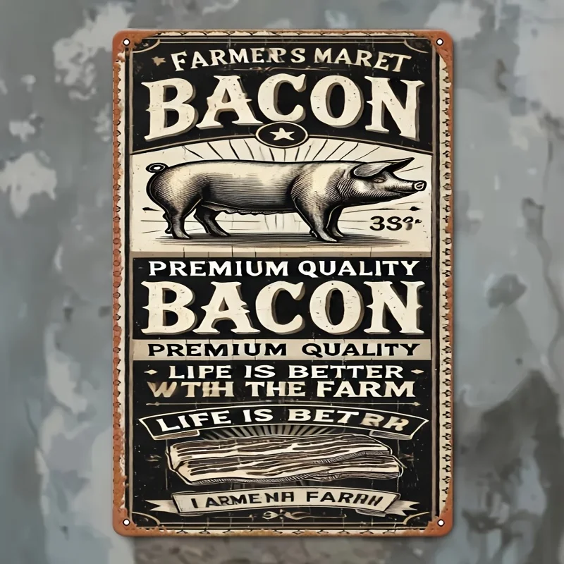 Panneau métallique vintage « Farmers Market Bacon » – Décoration artistique de qualité supérieure, facile à installer, utilisation intérieure/extérieure, pour la maison