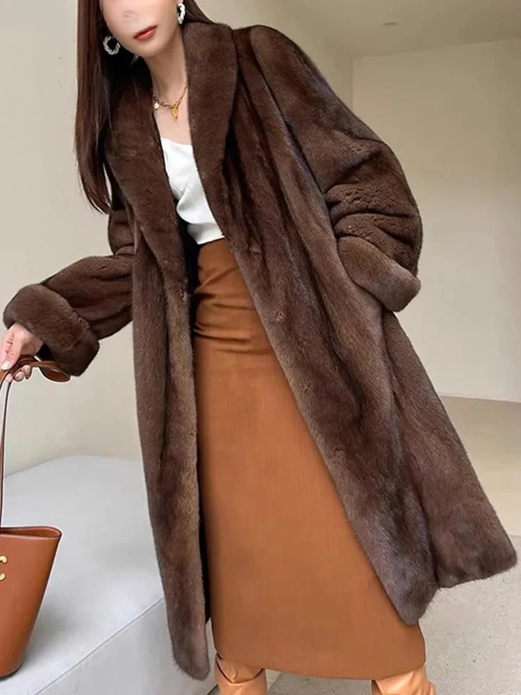 Luxurious Brown Faux Fur Maxi Coat, Women‘s Long Sleeve Plush Jacket Turn Down Collar Warm Outerwear, 2025 Winter Mob-Wife Style