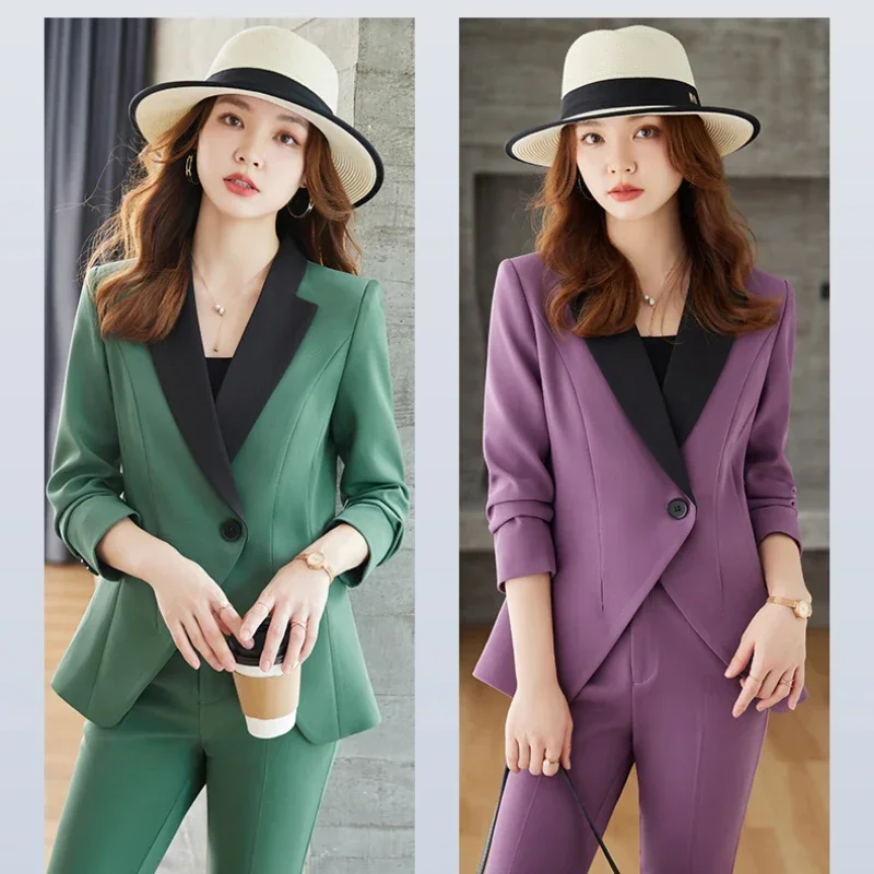 Insozkdg Autumn Retro Waistband Coat Straight Leg Pants Suit Commuting Color Contrast Single Button Tops + Pants Two-piece Set