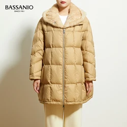 Women Woven Mink Fur Collar Hooded Down Coat Winter Warm Outwear White Goose Down Jacket