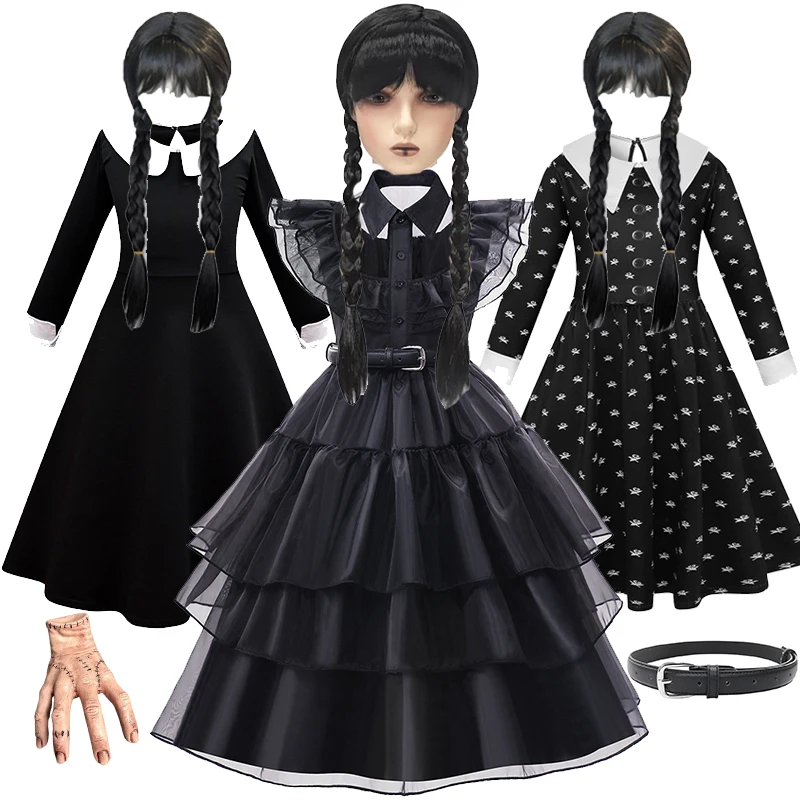 Movie Wednesday Costume for Girls 3-12 T Gothic Styles Wednesday Cosplay Costume for Kids Halloween Carnival Party Black Dresses