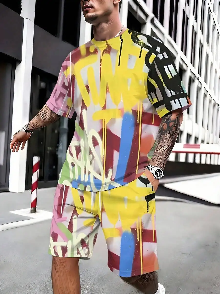 

Mens Graffiti Print T-Shirt And Shorts Set Multicolor Streetwear Knit Fabric Casual Quick-Dry