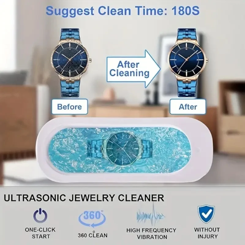 45kHz Ultrasonic Jewelry Cleaner for Rings, Earrings, Necklaces, Watches - Compact, Safe, Quick Cleaning with Temperature Contro
