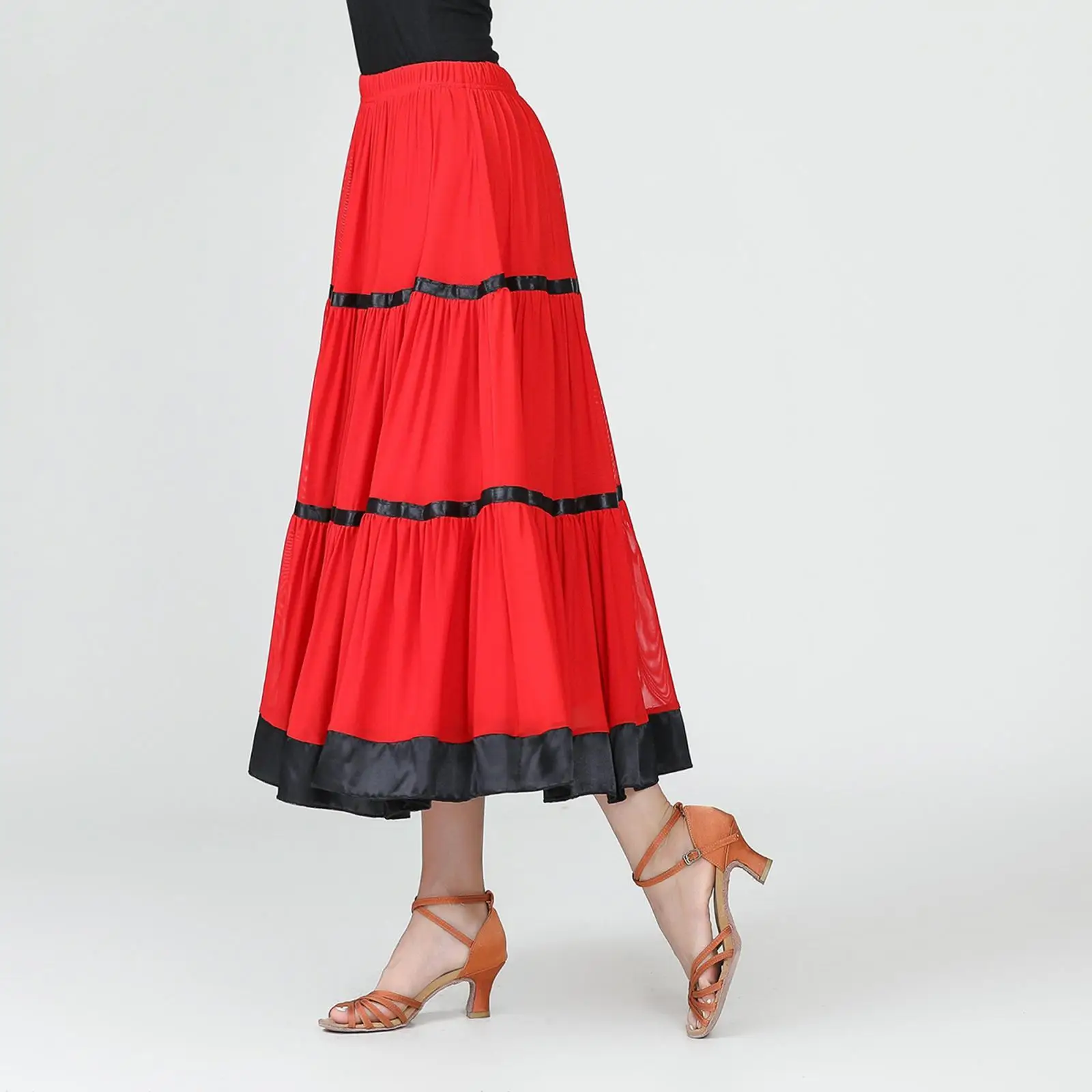 Saia de salão de flamenco valsa balanço vestido traje de dança moderna vermelho