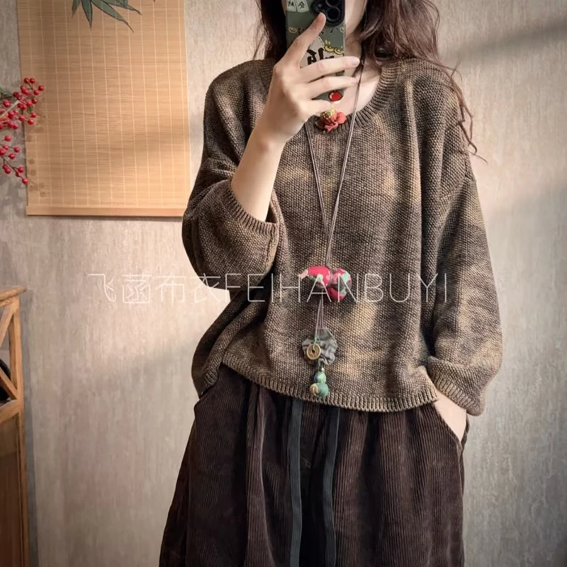 2025 New Arrival Autumn/winter Loose Round Neck Vintage Tie Dye Pullover Long Sleeves Casual Women Knitted Sweater F84