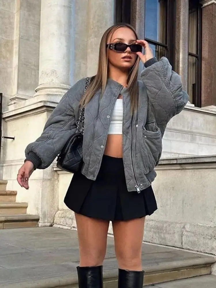 

HH Women Fashion Versatile Loose Quilted Warm Cotton Clothes Short Coat Female Simple Long Sleeve Zippered Bomber Winter Jacket