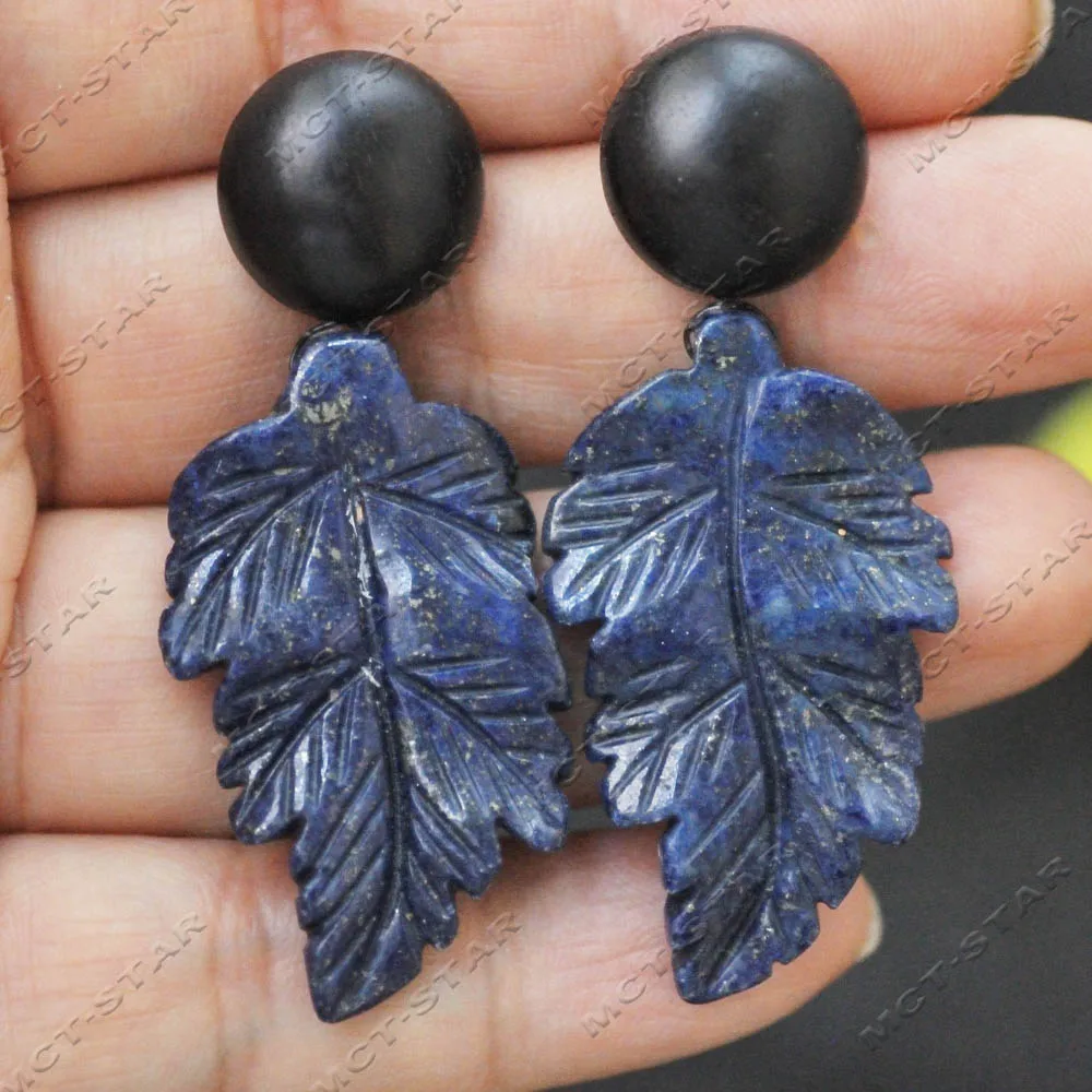 Z14732 40mm Handmade Carved Lapis Lazuli Ruby Zoisite Leaf Round Cabochon Walnut Wood Earrings for Women