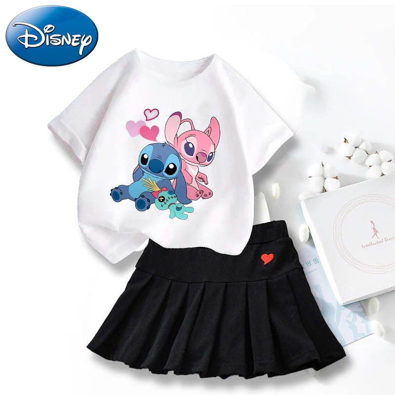 New Cute Lilo Stitch T-shirts Skirt Set Kawaii Disney Cartoon Graphic T-shirt Kids Casual Short Sleeves Tops Summer Girl Clothes