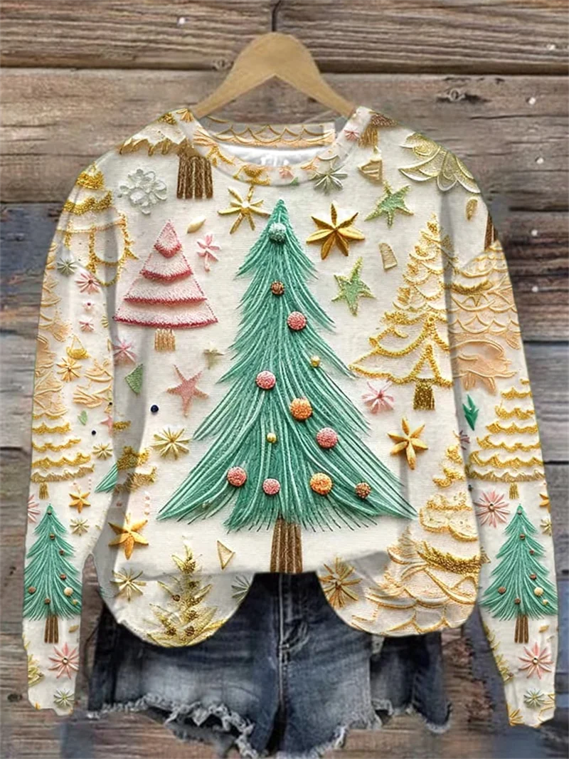 Fashionable 2024 Women\'s Elegant Christmas Hoodie Casual Loose Round Neck Long Sleeve Sports Autumn/Winter Street Christmas Tree