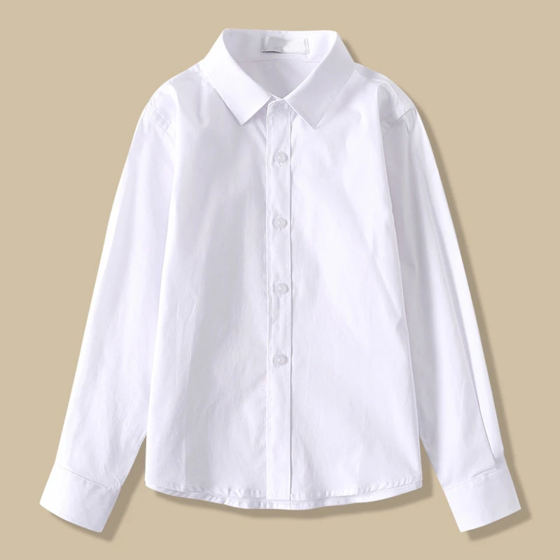 Boys no iron white shirt, long sleeved pure cotton primary school uniform, children's performance clothing, girls white shirt