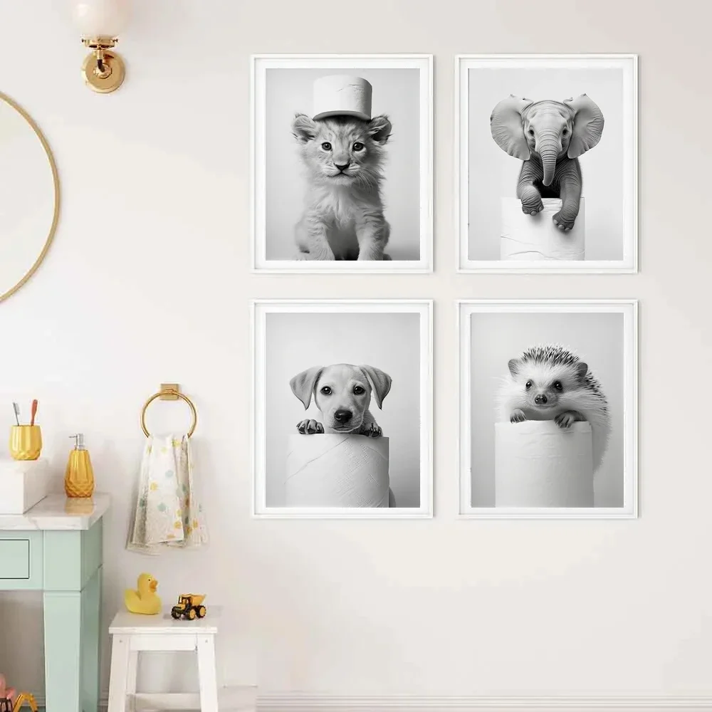 Black and White Funny Bathroom Animal Posters Nordic Otter Fox Puppy Print Canvas Painting Toilet Sink Wall Art Pictures Decor