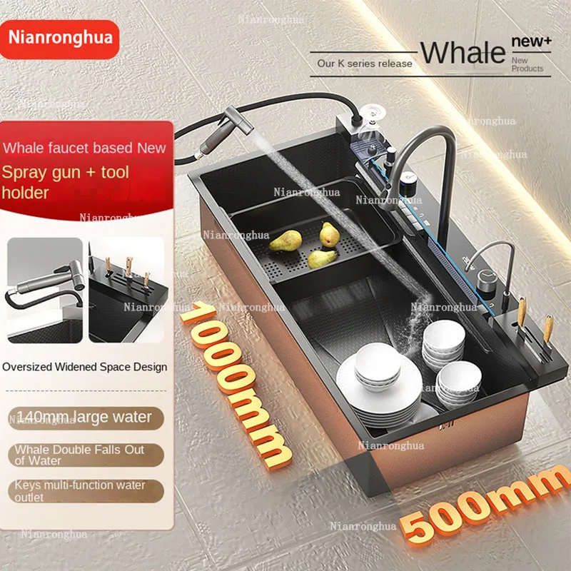 Wastafel Baja Tahan Karat 304 Tampilan Digital Mangkuk Tunggal Wastafel Dapur Hitam Perak Emas Sarang Lebah Air Terjun Dapur Rumah Tangga