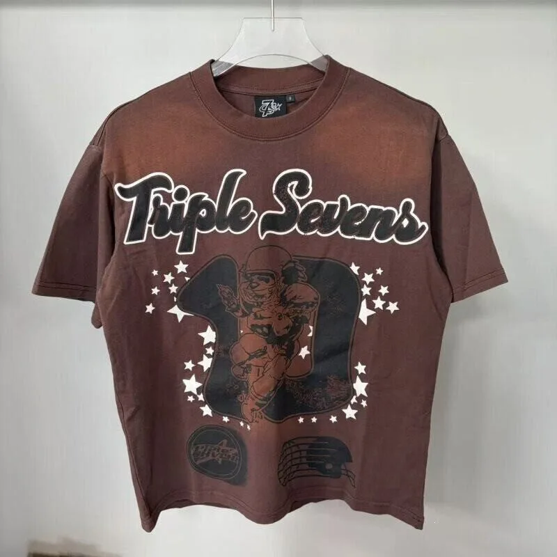 TRIPLE SEVENS Vintage Retro Graffiti Printed Vintage Washed Loose-Fitting Casual Men's and Women's Short-Sleeved T-Shirt