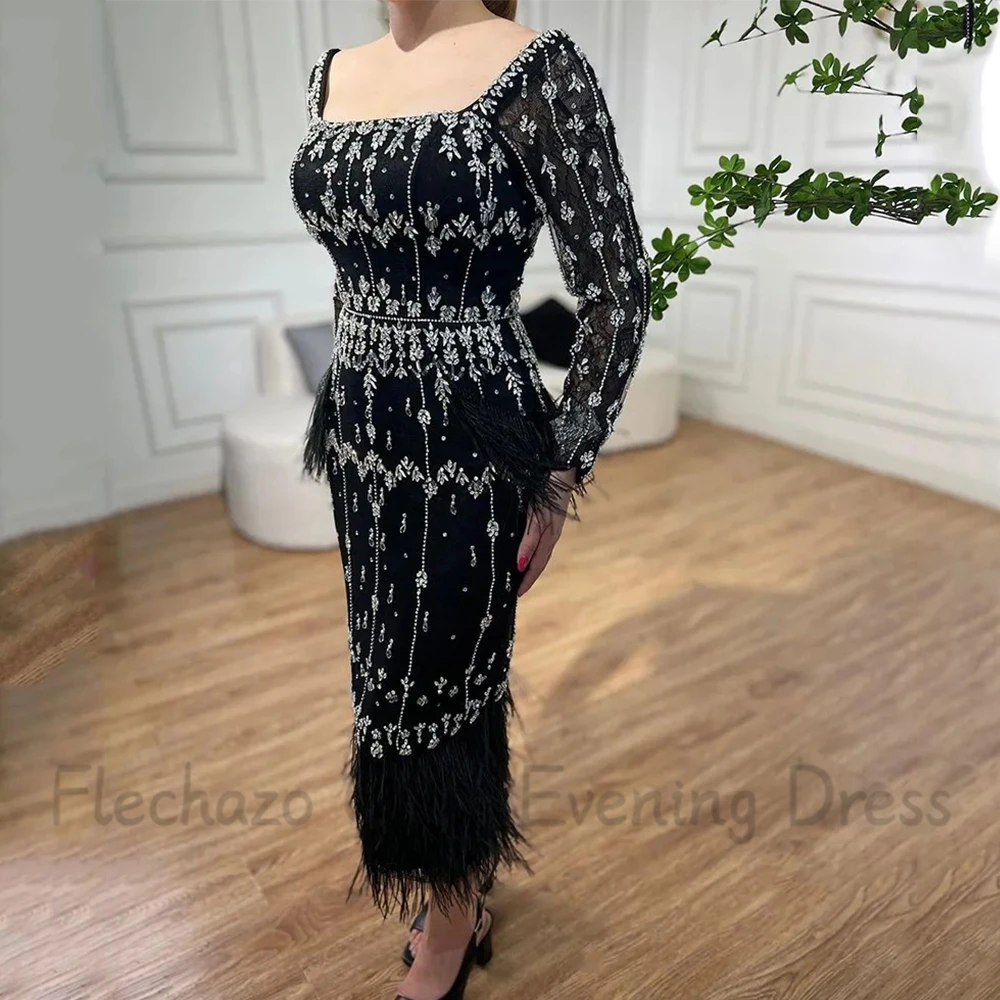 Flechazo Exquisite Tea-Length Evening Dress Square Collar Long Sleeve Sheath with Feathers and Beading Diamond Ladies Party Gown