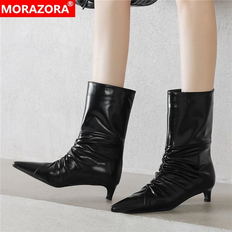 

MORAZORA Ins Hot Pleated Genuine Leather Boots Women Mid Heels Pointed Toe Mid Calf Boots Handmade Pull On Ladies Fashion Boots