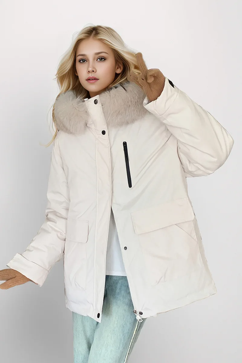 Women\'s Cargo Coats New Down Jacket For Winter The Mid-Length Hood Has A Fur Collar Loose-Fitting And Thickened Warm Jacket