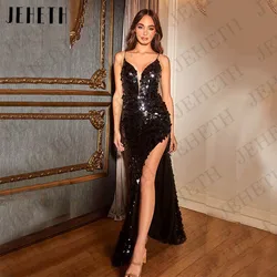 JEHETH Sequin Sereia Evening Pary Vestido Sexy Alta Fenda Mulheres V Neck Prom Vestidos Spaghetti Straps Open Back Vestidos De Fiesta Vestido de festa sereia com lantejoulas  Vestidos de Baile Sexy com Fenda Alta e Dec