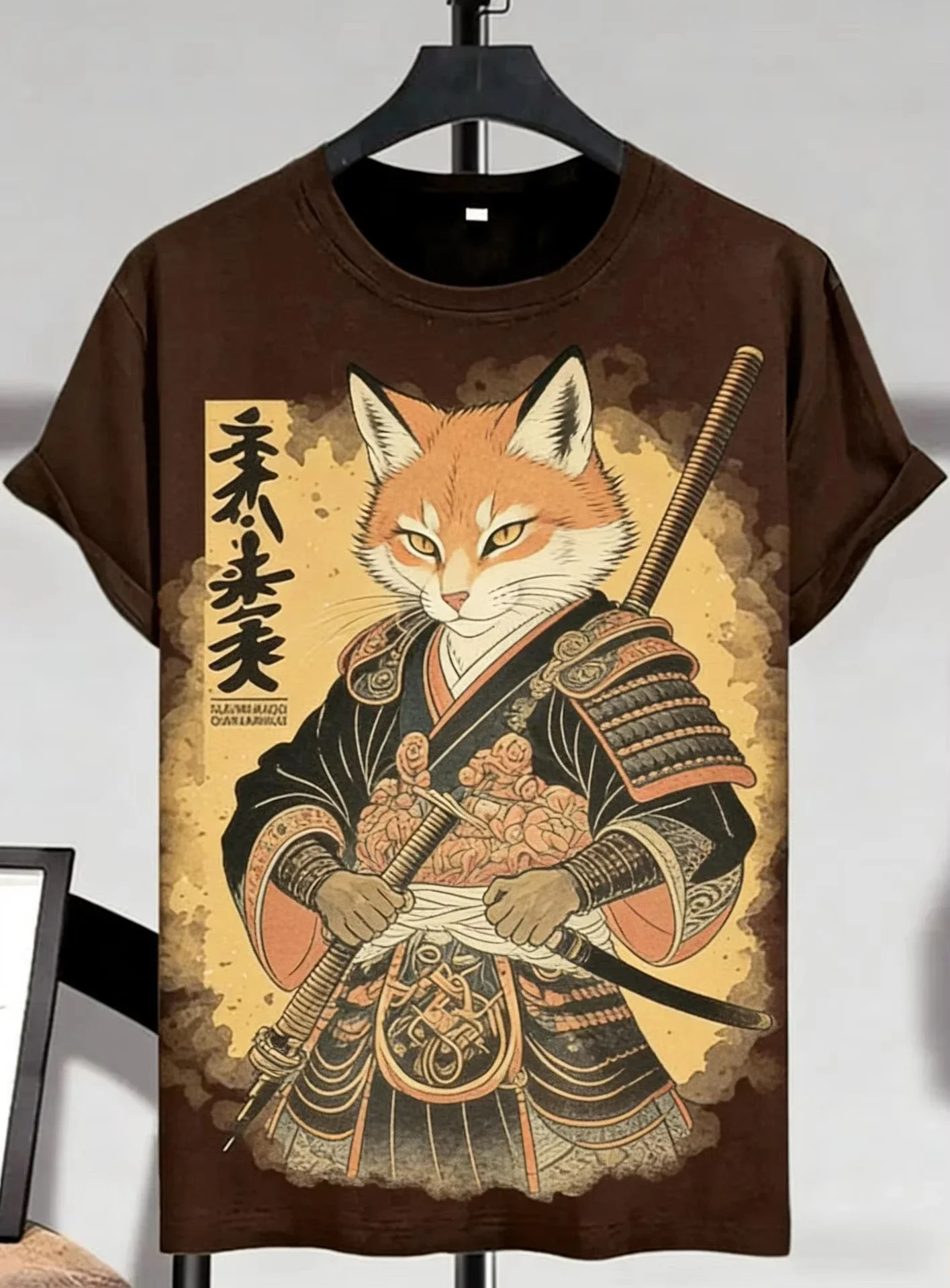 New Men's Crew-Neck Short-Sleeve T-Shirt Samurai Cat Print T-Shirt Casual Fashionable Relaxed Fit Breathable Summer Top for Men