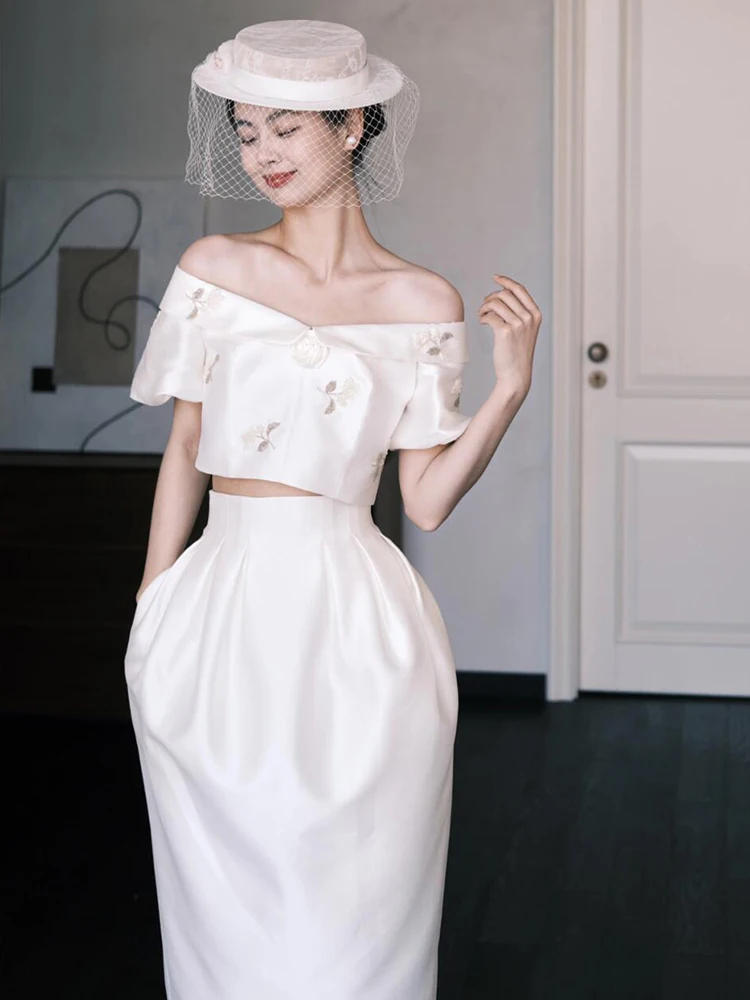 

Elegant Satin One-Shoulder Wedding Dress White Bridal Set Formal Ceremony Long Dress Simple Style Zipper Mid-Waist Polyester