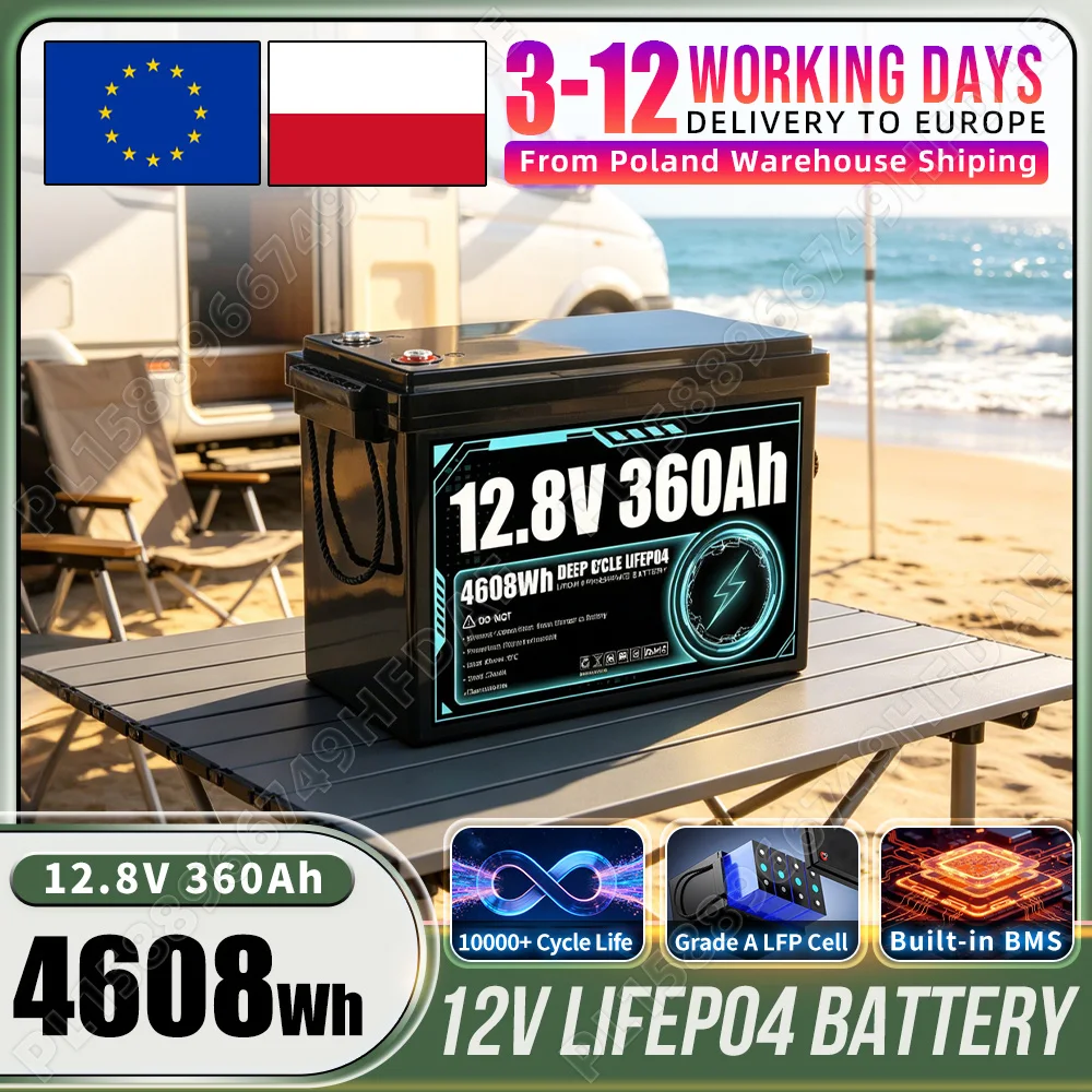 12V 360Ah LiFePO4 Batteriepaket Klasse A 12.8V Lithium-Eisenphosphat-Batterie 10.000 Tief-Loop-Aufladbare Batterie Eingebaute BMS DIY 24V 48V für Wohnmobil Solarenergie Schifffahrt