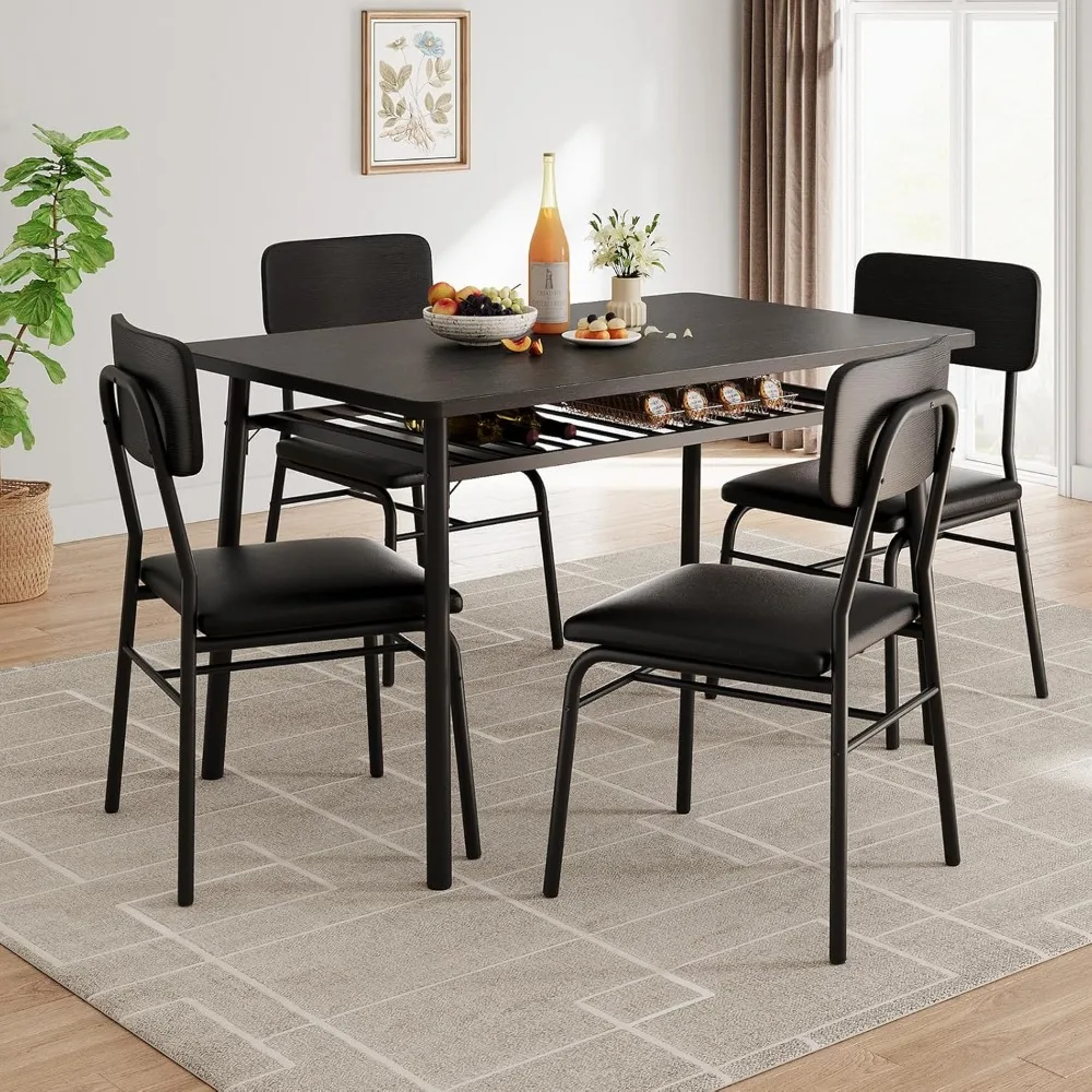 

Dining Table Set for 4 with Storage Rack, 5-Piece Kitchen Table and Upholstered Chairs of 4, Wood Tabletop & Heavy-Du