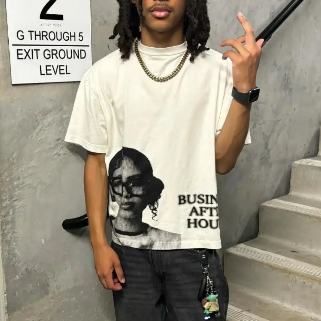 Y2k Europe and America Hip Hop character Printed Oversized T-Shirt Mens and Womens Retro Street Casual Short Sleeved Tops