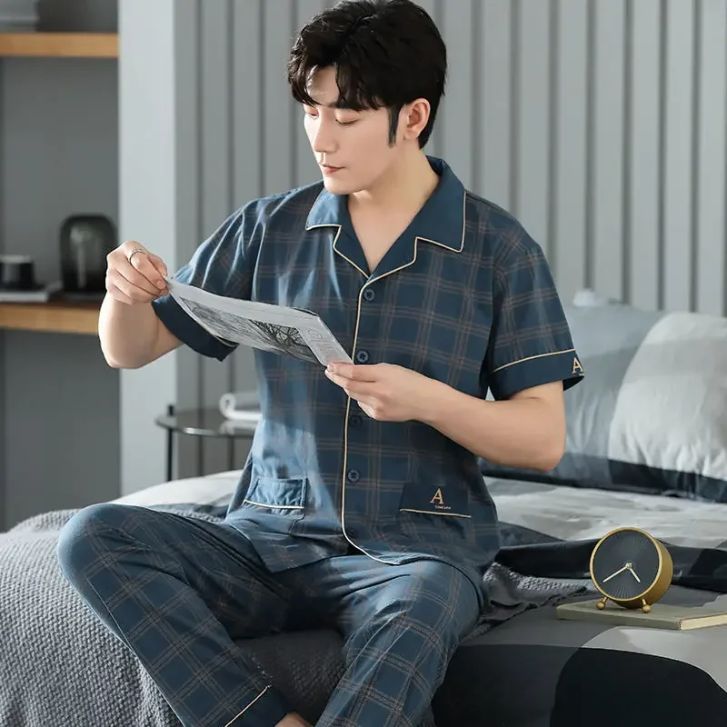 

Plaid Sleepwear Men Pajama Sets Short Sleeve Cardigan Pants Two Pieces Loungewear Nightwear Summer Autumn Pajamas Lounge Set