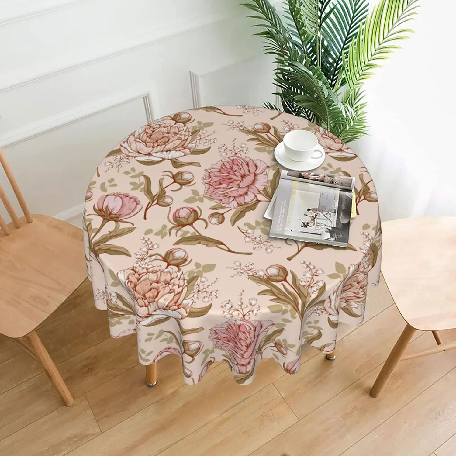 Pink Blooming Peony Flower Round Tablecloth 60 Inch Table Cover Polyester Stain and Wrinkle Resistant Table Cloth for Dining