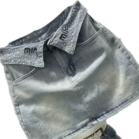 Diamant Denim Röcke Stickerei Revers schmal geschnittene koreanische Straße lässig A-Linie Mode hohe Taille Denim Minirock Frauen heißes Mädchen