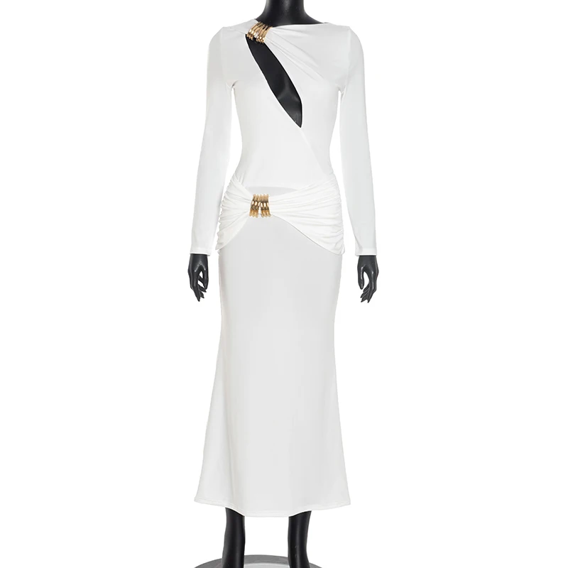 Tendencia de las mujeres 2025 otoño nuevos vestidos largos blanco elegante fiesta sexy apretado doble capa recortado manga larga plisado maxi vestido