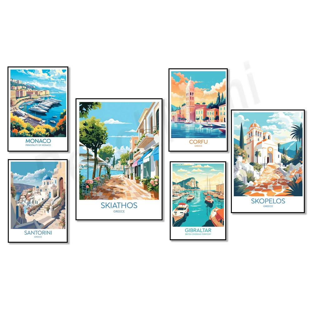 السفر مشهد ملصق طباعة للديكور المنزل ، سكياثوس ، إنغا ، كورفو ، موناكو ، فقاعات #2