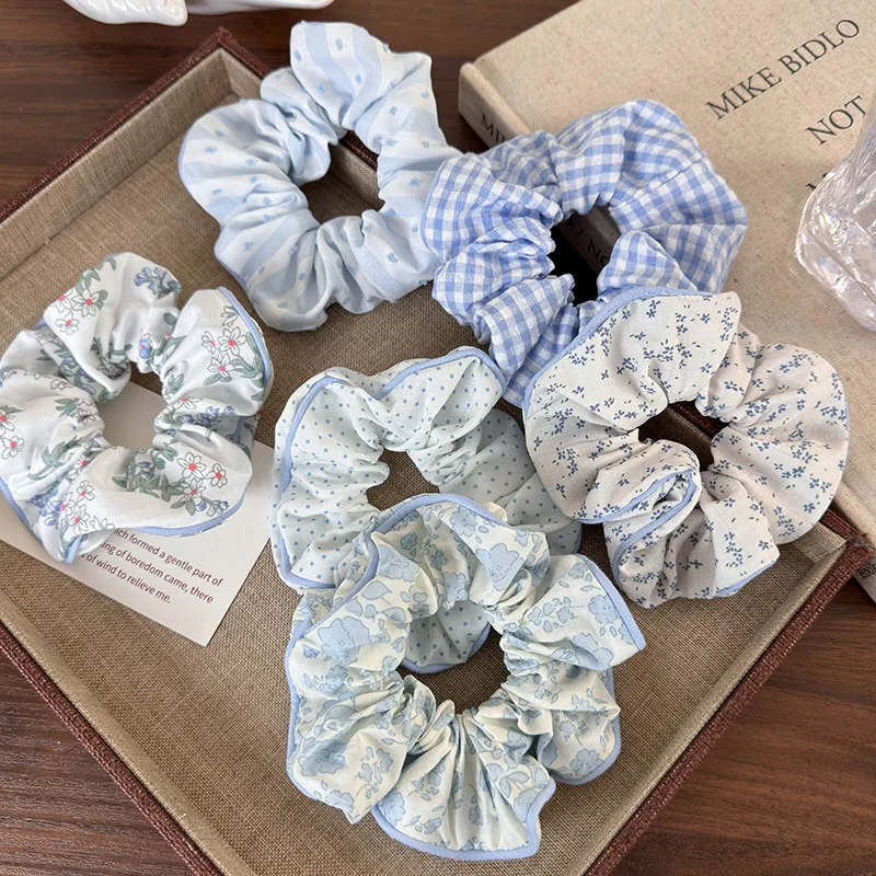 

2024 New Trend Blue Printed Fabric Scrunchie Hair Rings Holiday Party Creative High Elastic Hair Rope Women's Elegant Headwear