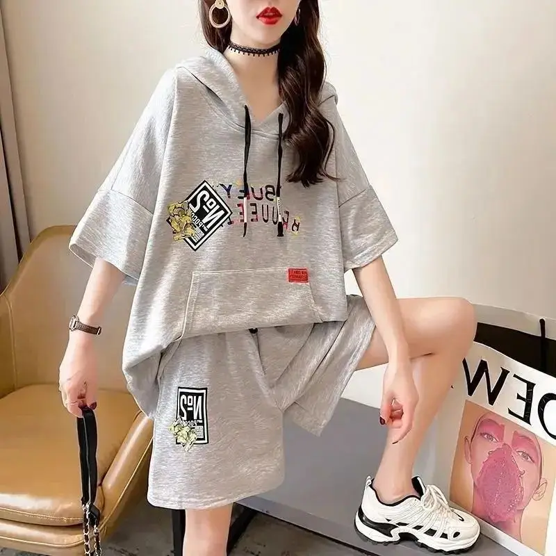 Women\'s Casual Suit 2024 Summer New Large Cotton Hooded Short-Sleeved Tops And Shorts Two Piece Set Household Plus Size Clothing