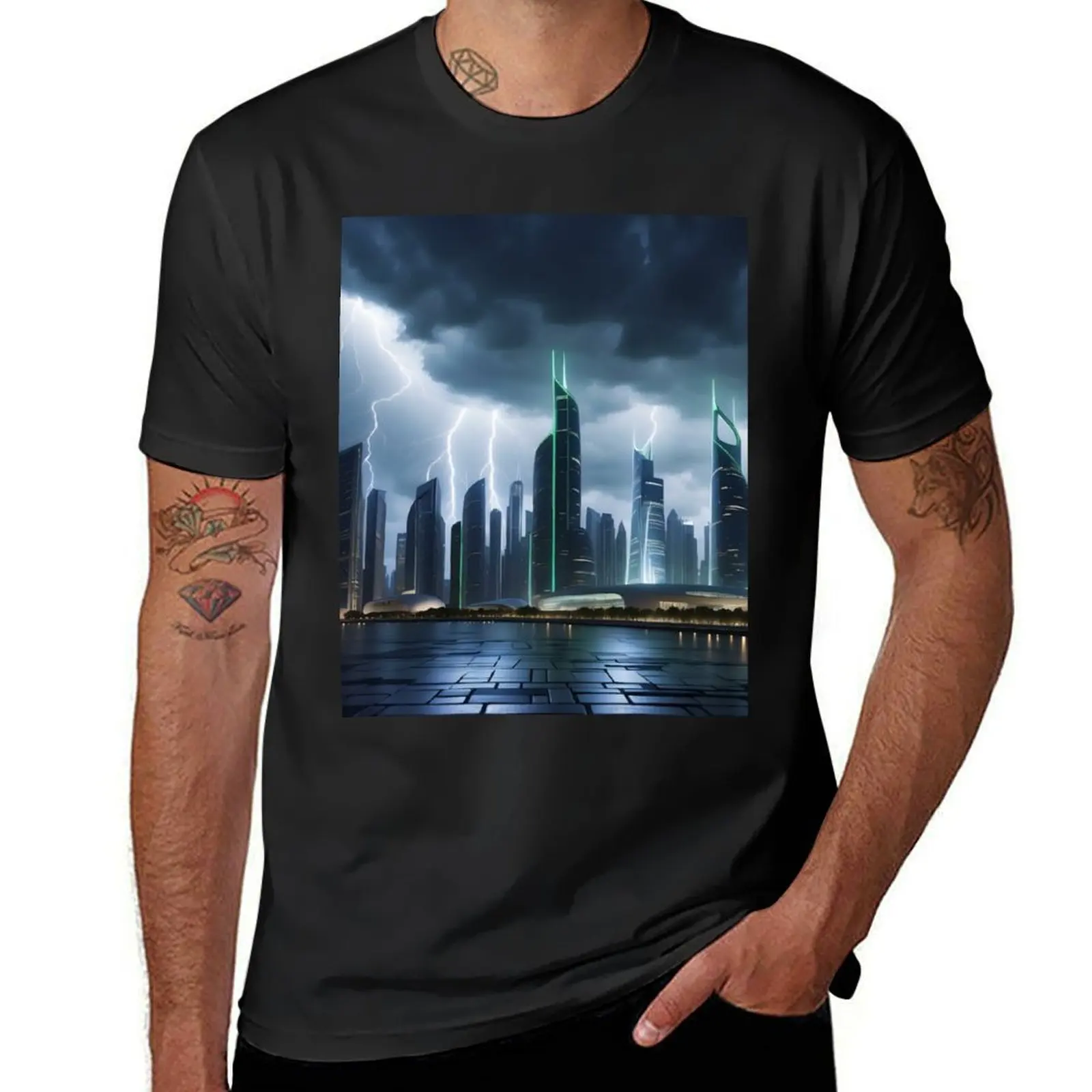 Stormy night over futuristic cityscape with striking lightning. T-Shirt Blouse tops oversizeds T-shirts for men cotton