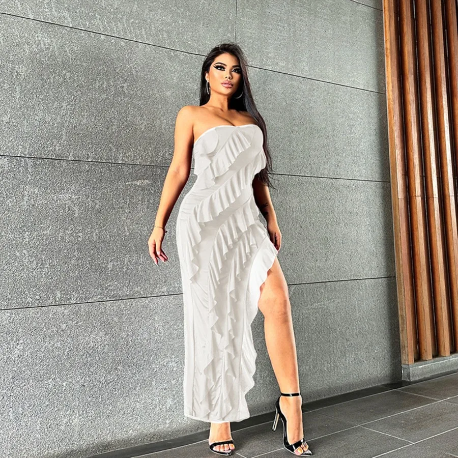

【New style】Summer new style sexy sleeveless chest with ruffled tassel splicing slim split dress