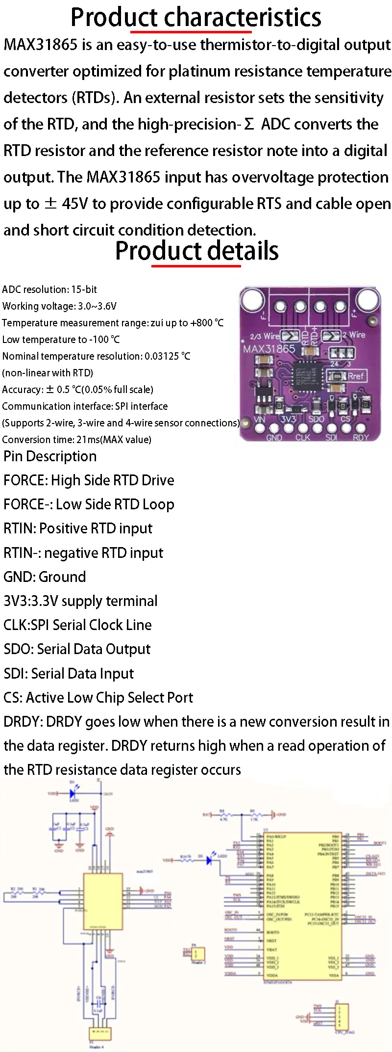 Max31865 platin widerstand temperatur sensor detektor modul temperatur erfassung rtd/PT100-PT1000 – Detail 1