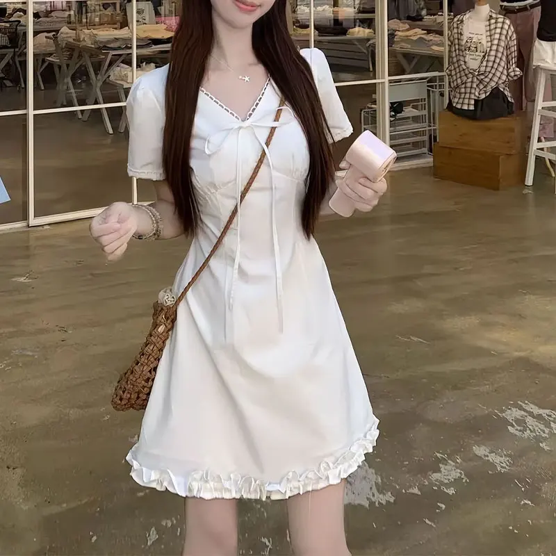 

French Style V-Neck Stylish Drawstring Bow Mini Dress Female Clothing Summer Lace Spliced Basic Short Sleeve Aura Waist Dresses