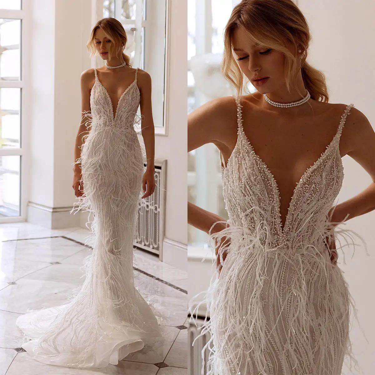 

Exquisite Mermaid Wedding Dress Feather Pearls Sequins V Neck Bride Gowns Beading Lace Sweep Train Bridal Dresses Custom Made