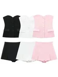 HH Women Elegant Pink Shorts Sets Off Shoulder Strapless Tank Tops Slim Slit Shorts Skirt Fashion Y2K High Street Outfit