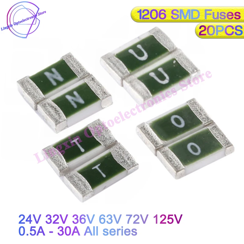 20pcs One-Time Positive Disconnect SMD Restore Fuse 1206 3216 0.5A 1A 2A 2.5A 3A 4A 5A 6A 7A 8A 10A 12A 15A 20A 30A Fast Acting