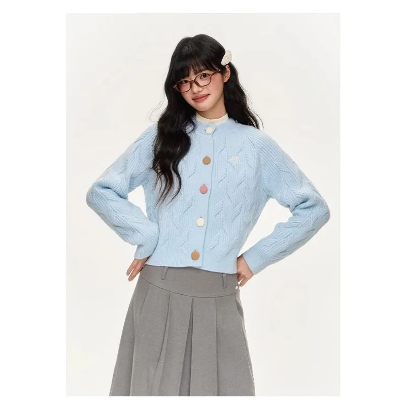 سترة صوفية قصيرة بأزرار مطرزة للخريف والشتاء، سترة محبوكة برقبة دائرية رفيعة #2