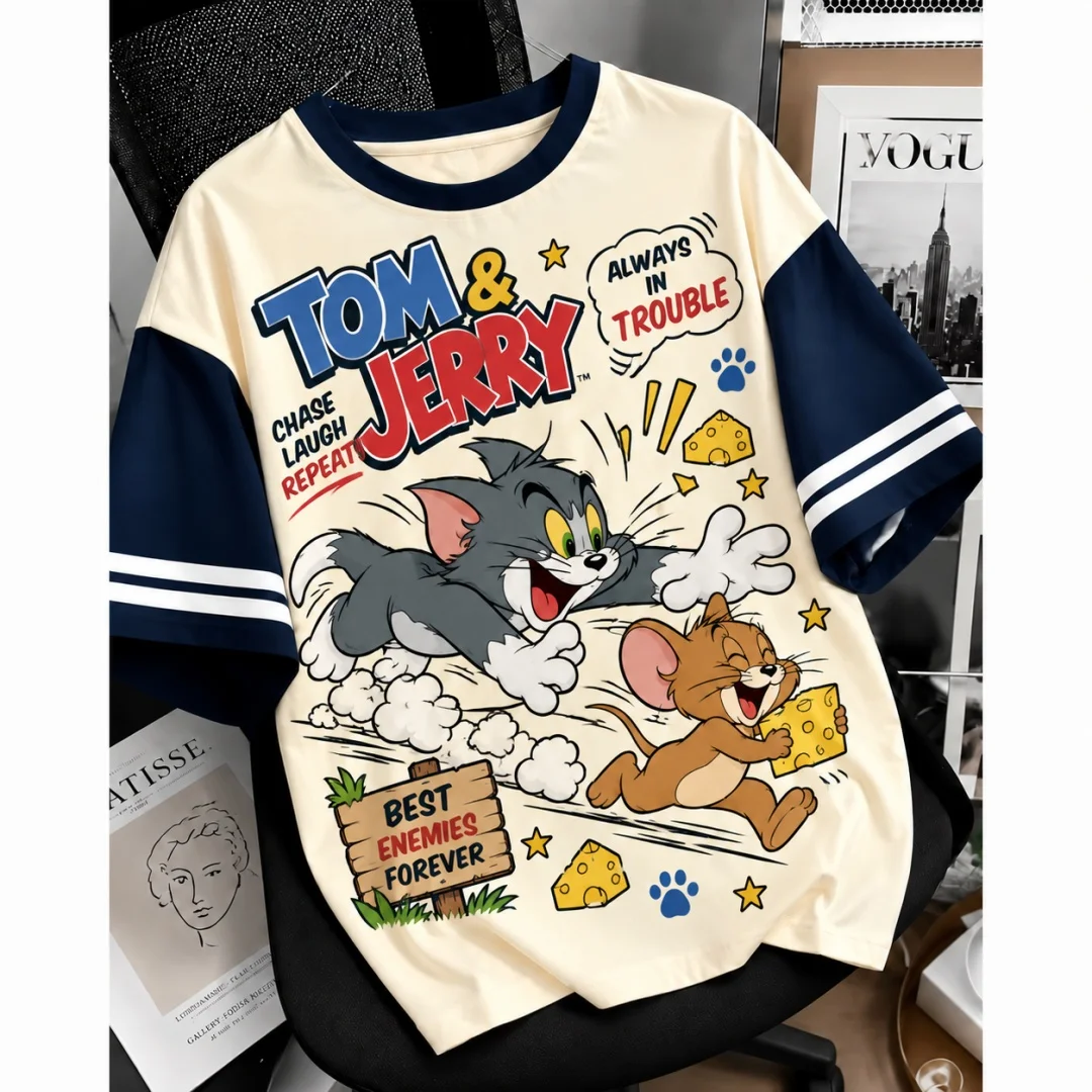 Tom & Jerry Cheese Chase Comic Grafik T-Shirt Cartoon Katze Maus Raglan gestreiftes Kurzarm-Kinder-T-Shirt Unisex Sommer Freizeitoberteil – Detail 1
